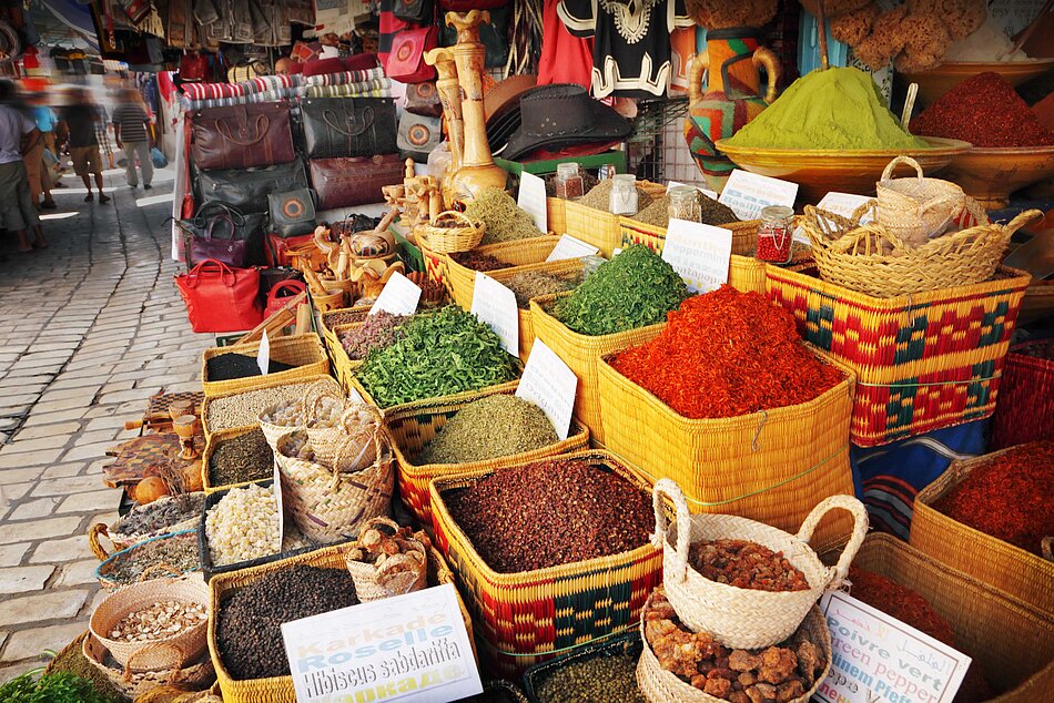 Export and travel destination Tunisia Spices and herbs at a market in Tunisia